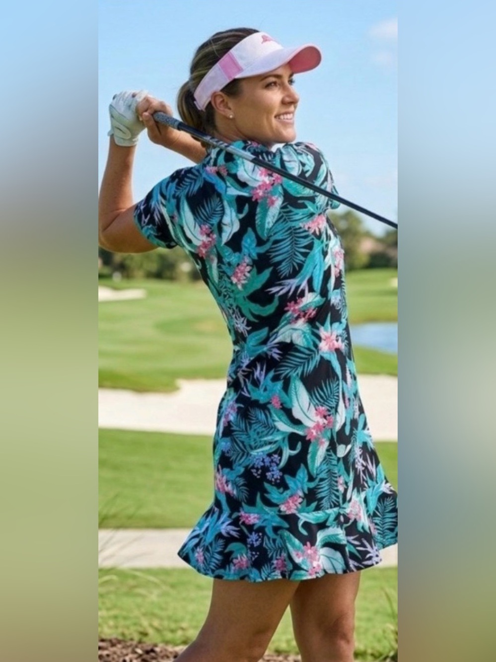 Tommy Bahama Golf Dress Sm Tropical Floral Quarter Zip Short Sleeve Flounce Hem